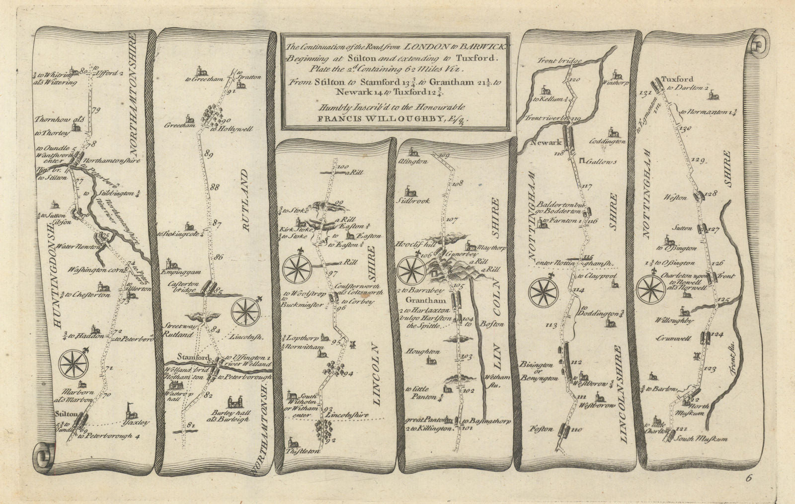 Stilton - Stamford - Grantham - Newark-on-Trent. GARDNER road map #6 1719